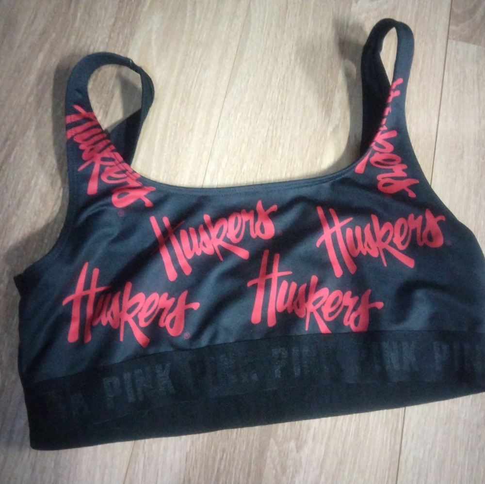 PINK Victoria's Secret Black Sports Bra with Red Huskers Print - Picture 2 of 2